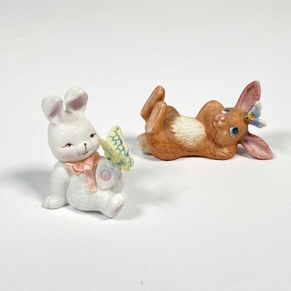 Vtg Porcelain Mini Rabbit Figurines Butterfly White Brown Bunny Matte Ceramic - Picture 11 of 11